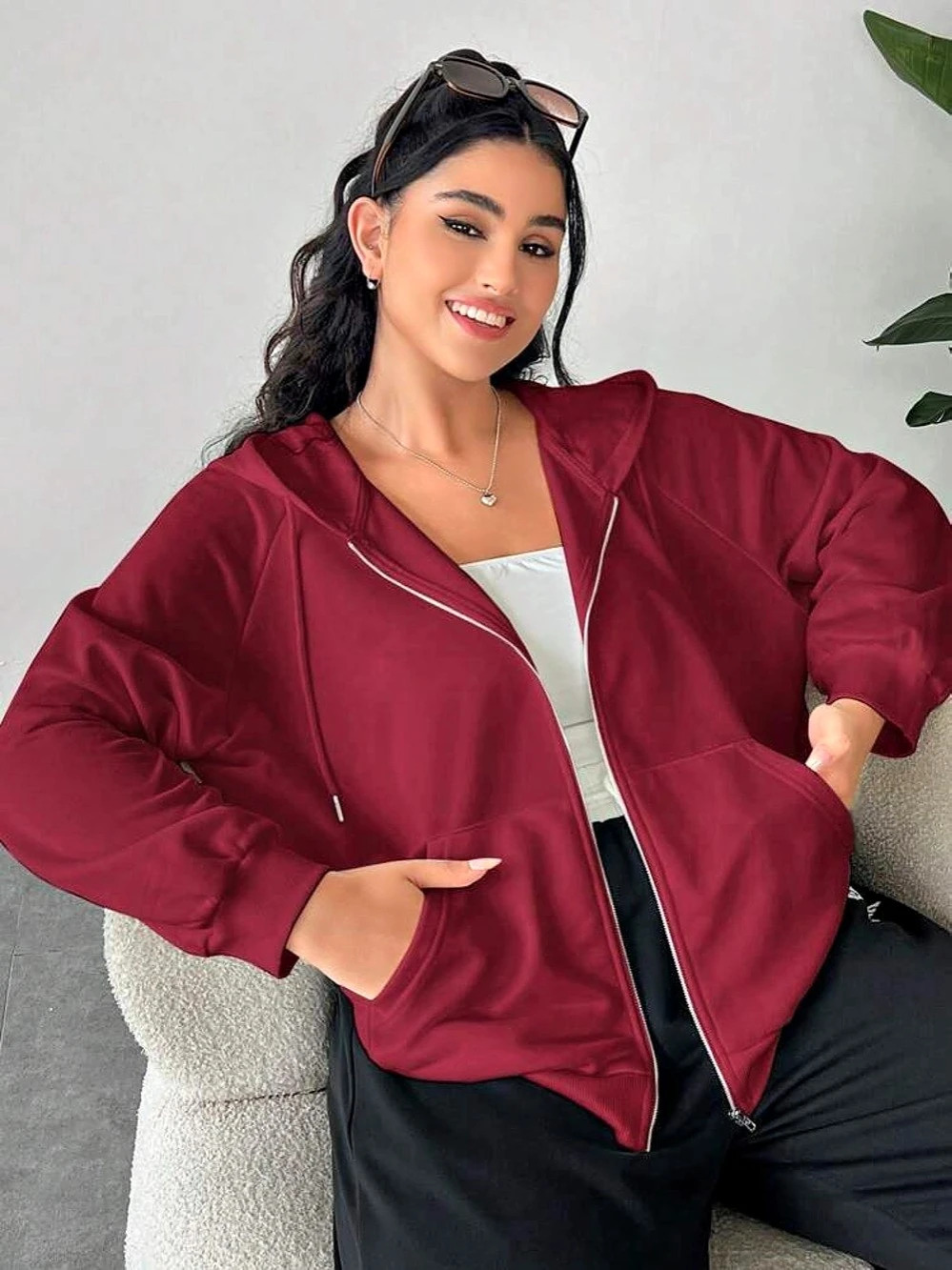 SHEIN Plus Zip-Up Hoodie in Deep Red